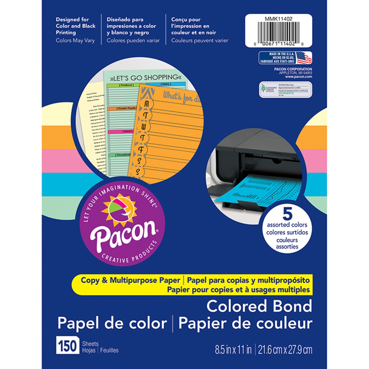 Multi-Purpose Paper, 5 Assorted Colors, 8-1/2 X 11, 150 Sheets